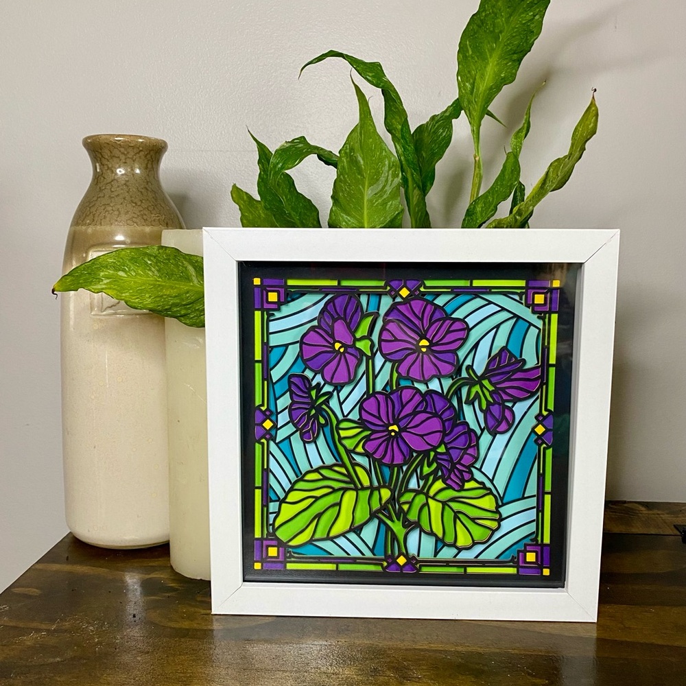 3D Stained Glass Purple Violets Shadowbox